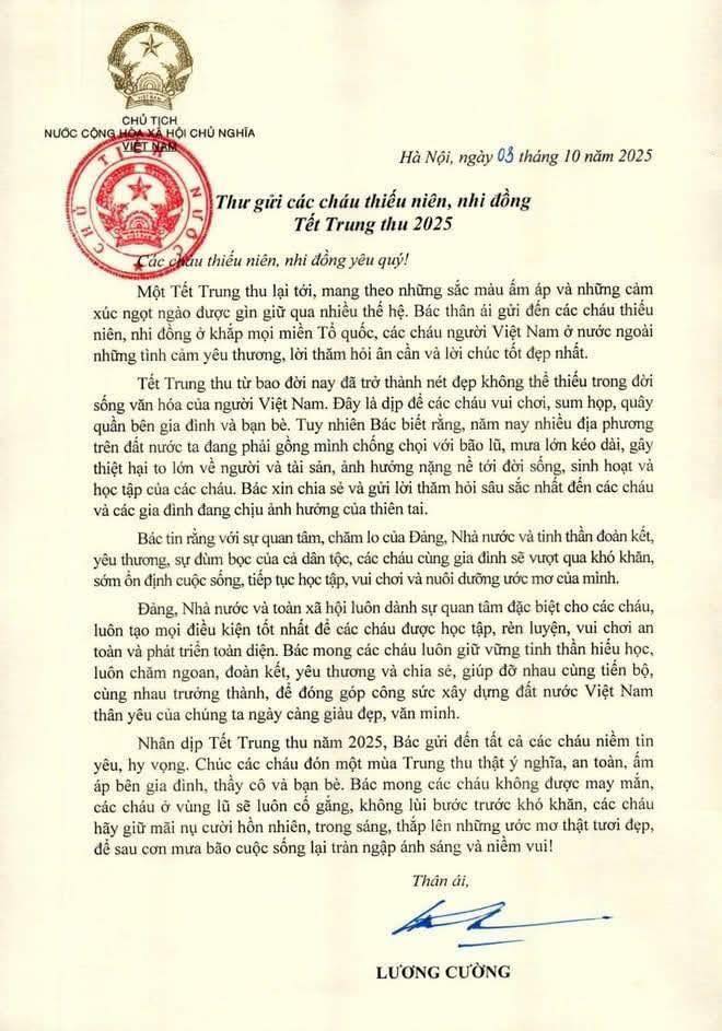 CHỦ TỊCH NƯỚC LƯƠNG CƯỜNG GỬI THƯ CHÚC TẾT TRUNG THU CÁC CHÁU THIẾU NHI