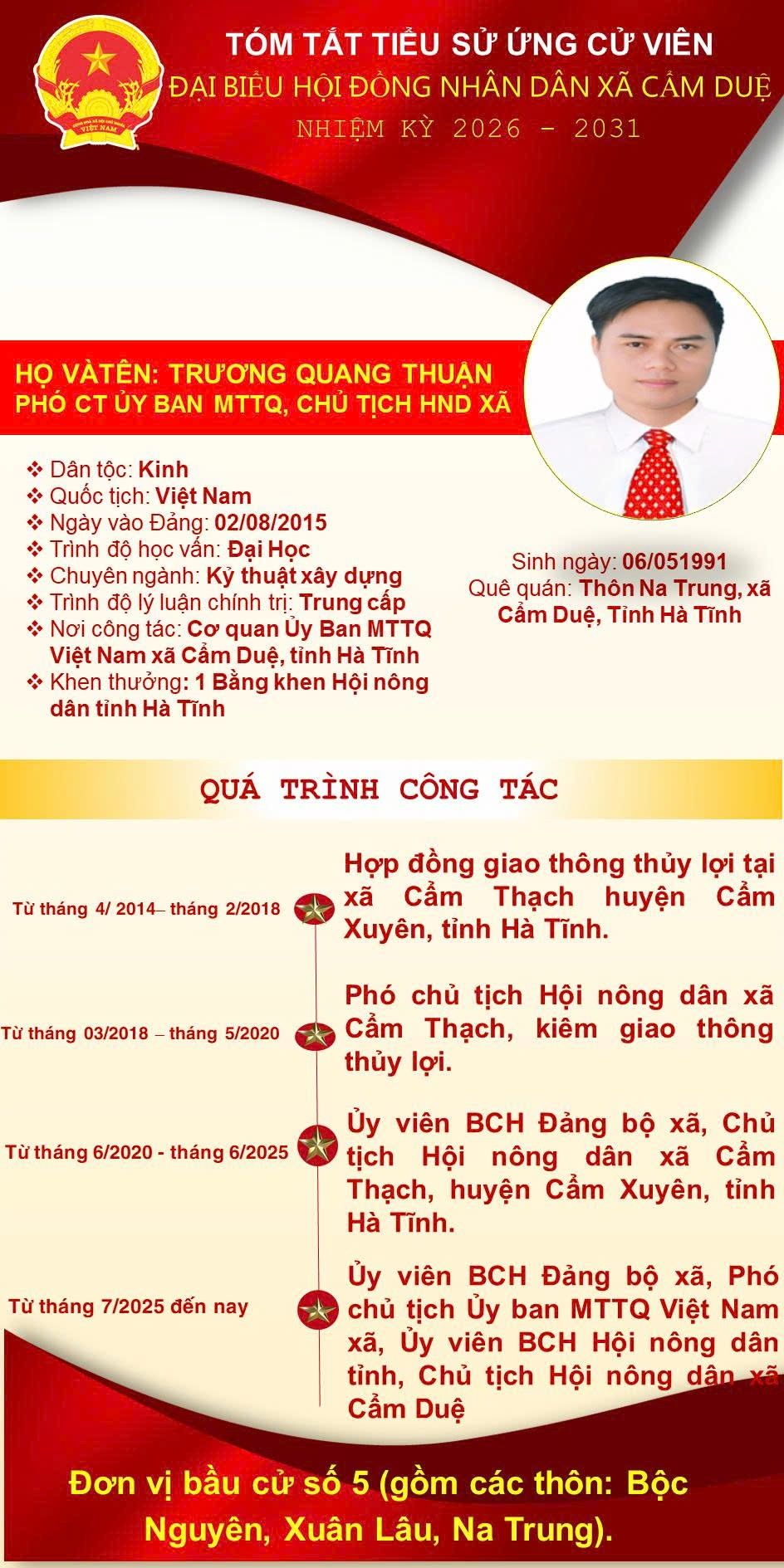 TIỂU SỬ TÓM TẮT ĐỒNG CHÍ TRƯƠNG QUANG THUẬN - PHÓ CHỦ TỊCH UBMTTQ, CHỦ TỊCH HỘI NÔNG DÂN XÃ, NGƯỜI ỨNG CỬ ĐẠI BIỂU HĐND XÃ NHIỆM KỲ 2026 – 2031