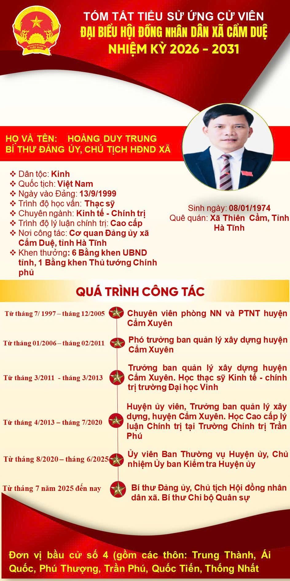 TIỂU SỬ TÓM TẮT CỦA ĐỒNG CHÍ HOÀNG DUY TRUNG - BÍ THƯ ĐẢNG ỦY, CHỦ TỊCH HĐND XÃ NGƯỜI ỨNG CỬ ĐẠI BIỂU HĐND XÃ NHIỆM KỲ 2026 – 2031