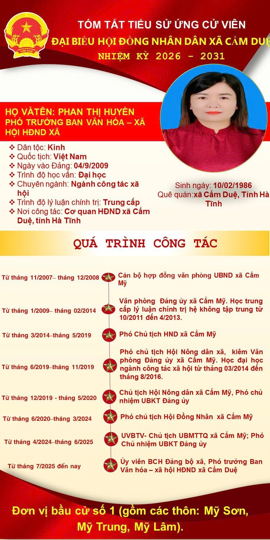 TIỂU SỬ TÓM TẮT ĐỒNG CHÍ PHAN THỊ HUYỀN - PHÓ TRƯỞNG BAN VĂN HÓA XÃ HỘI HĐND XÃ, NGƯỜI ỨNG CỬ ĐẠI BIỂU HĐND XÃ NHIỆM KỲ 2026 – 2031
