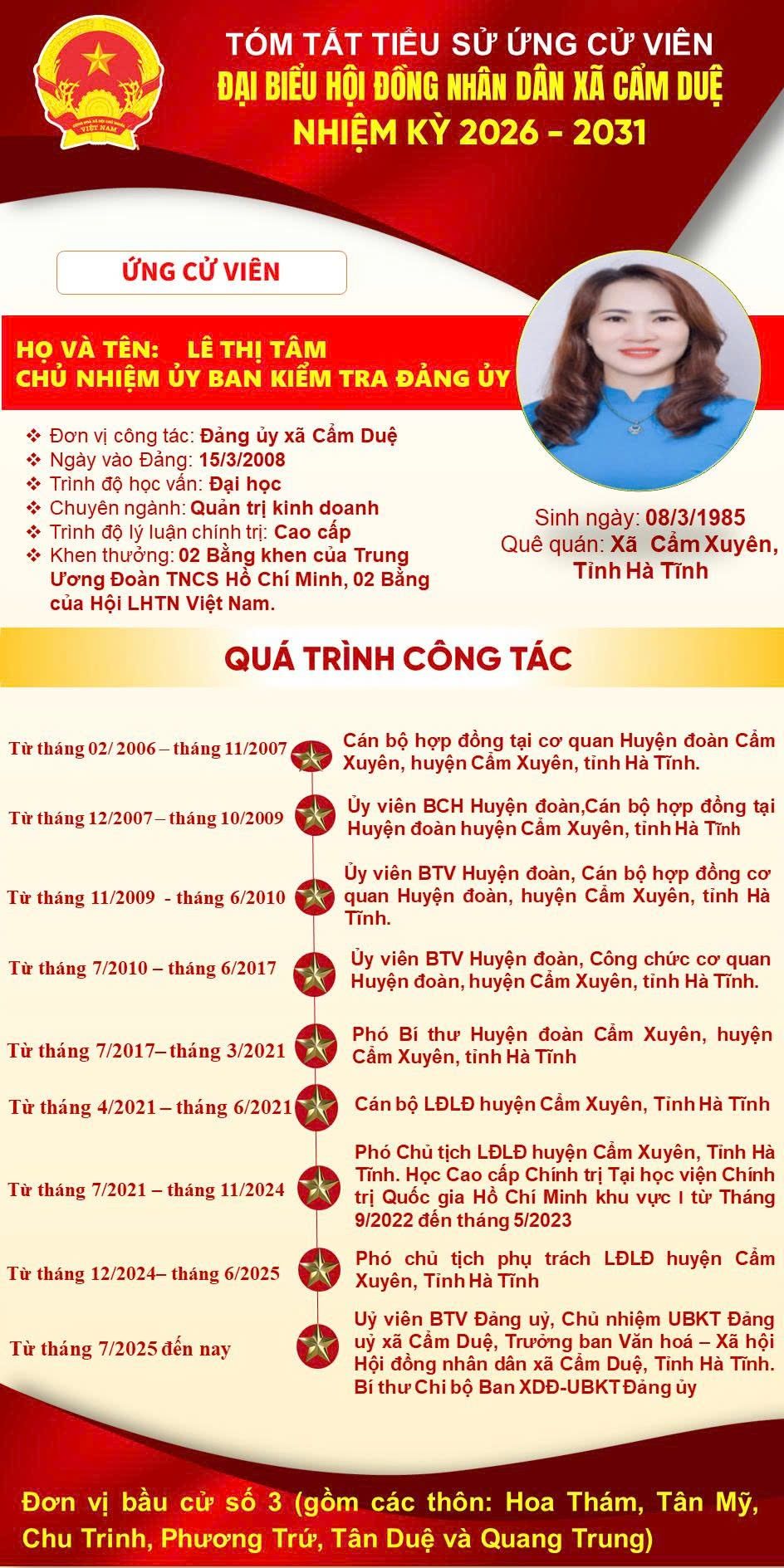 TIỂU SỬ TÓM TẮT ĐỒNG CHÍ LÊ THỊ TÂM - UVBTV, CHỦ NHIỆM ỦY BAN KIỂM TRA ĐẢNG ỦY, NGƯỜI ỨNG CỬ ĐẠI BIỂU HĐND XÃ NHIỆM KỲ 2026 – 2031