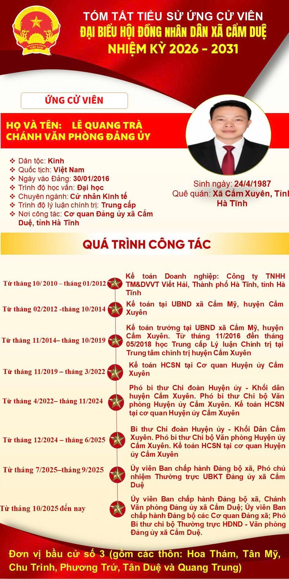 TIỂU SỬ TÓM TẮT ĐÔNG CHÍ LÊ QUANG TRÀ - UVBCH, CHÁNH VĂN PHÒNG ĐẢNG ỦY, NGƯỜI ỨNG CỬ ĐẠI BIỂU HĐND XÃ NHIỆM KỲ 2026 – 2031