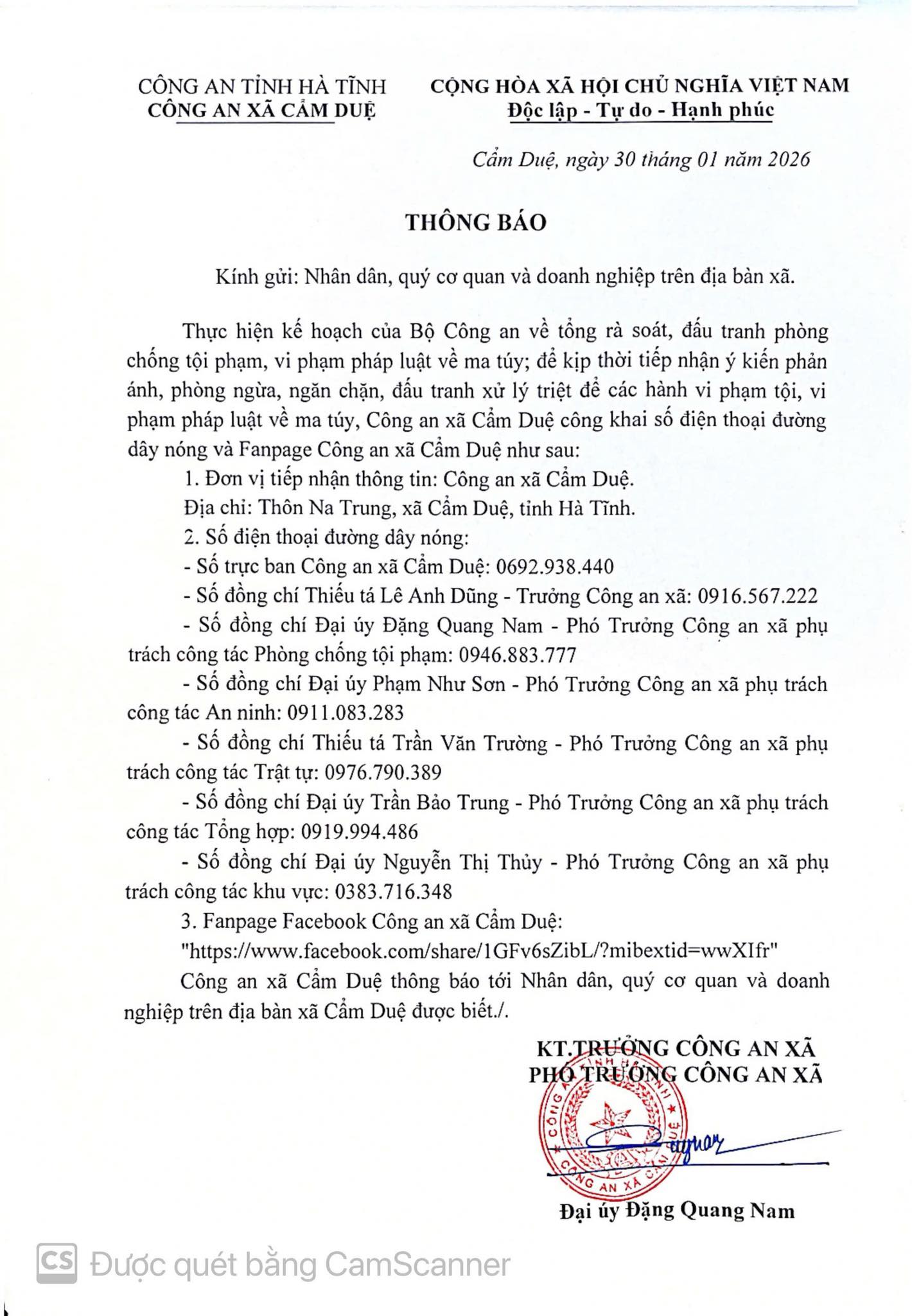 Công an xã thông báo số điện thoại tiếp nhận ý kiến phản ánh, tố giác, tin báo về tội phạm