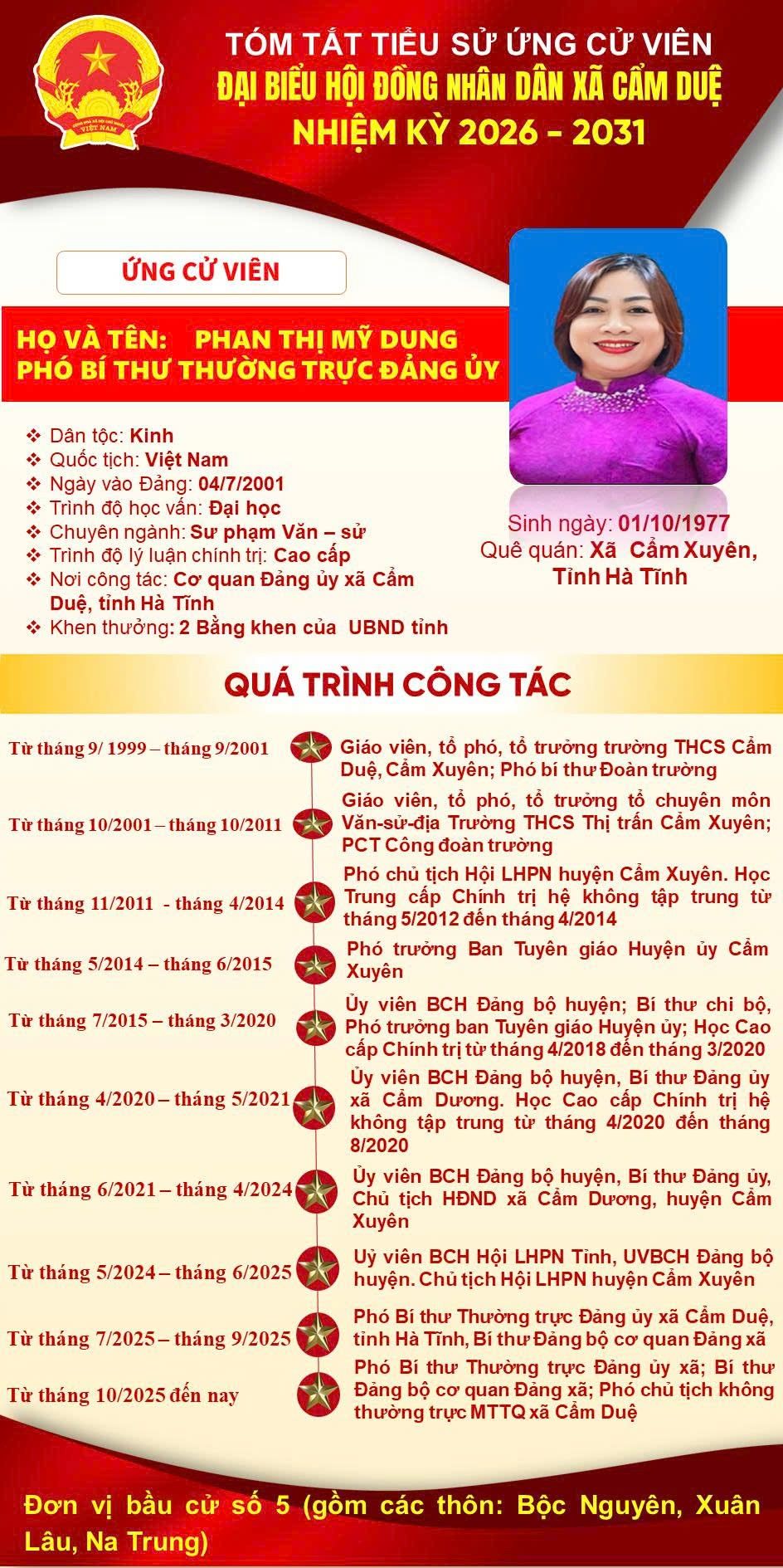 TIỂU SỬ TÓM TẮT CỦA ĐỒNG CHÍ PHAN THỊ MỸ DUNG - PHÓ BÍ THƯ THƯỜNG TRỰC ĐẢNG ỦY, NGƯỜI ỨNG CỬ ĐẠI BIỂU HĐND XÃ NHIỆM KỲ 2026 – 2031