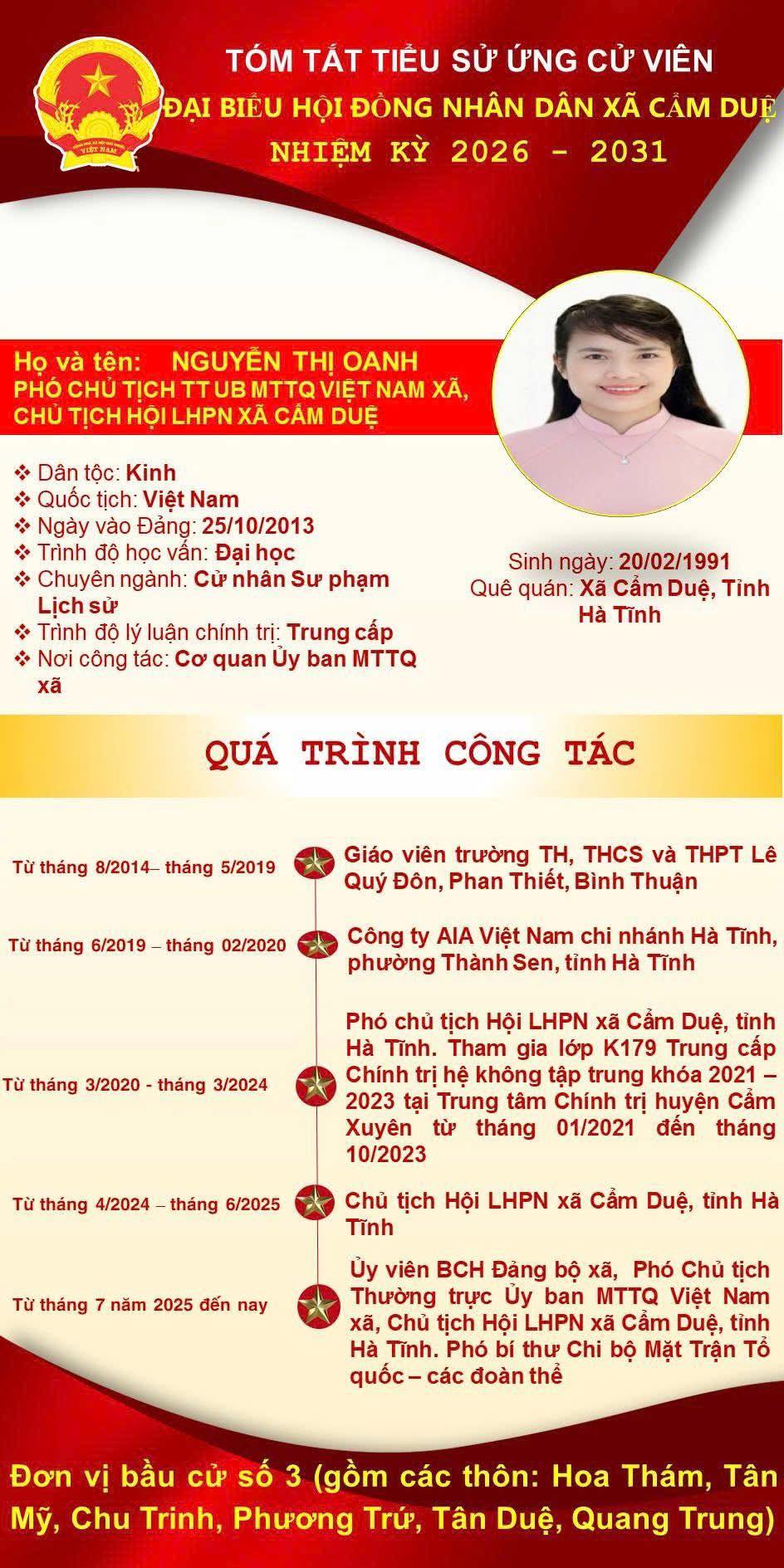 TIỂU SỬ TÓM TẮT ĐỒNG CHÍ NGUYỄN THỊ OANH - PHÓ CHỦ TỊCH UBMTTQVN XÃ, CHỦ TỊCH HLHPN XÃ, NGƯỜI ỨNG CỬ ĐẠI BIỂU HĐND XÃ NHIỆM KỲ 2026 – 2031