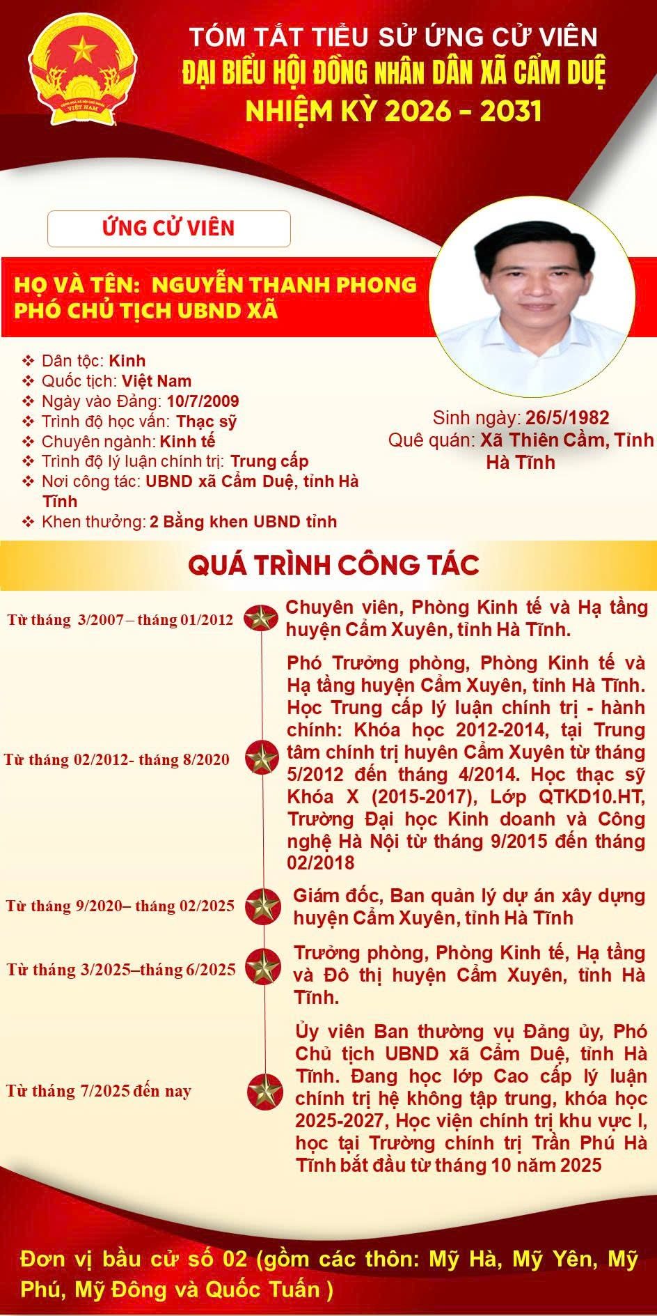 TIỂU SỬ TÓM TẮT ĐỒNG CHÍ NGUYỄN THANH PHONG - PHÓ CHỦ TỊCH UBND XÃ, NGƯỜI ỨNG CỬ ĐẠI BIỂU HĐND XÃ NHIỆM KỲ 2026 – 2031
