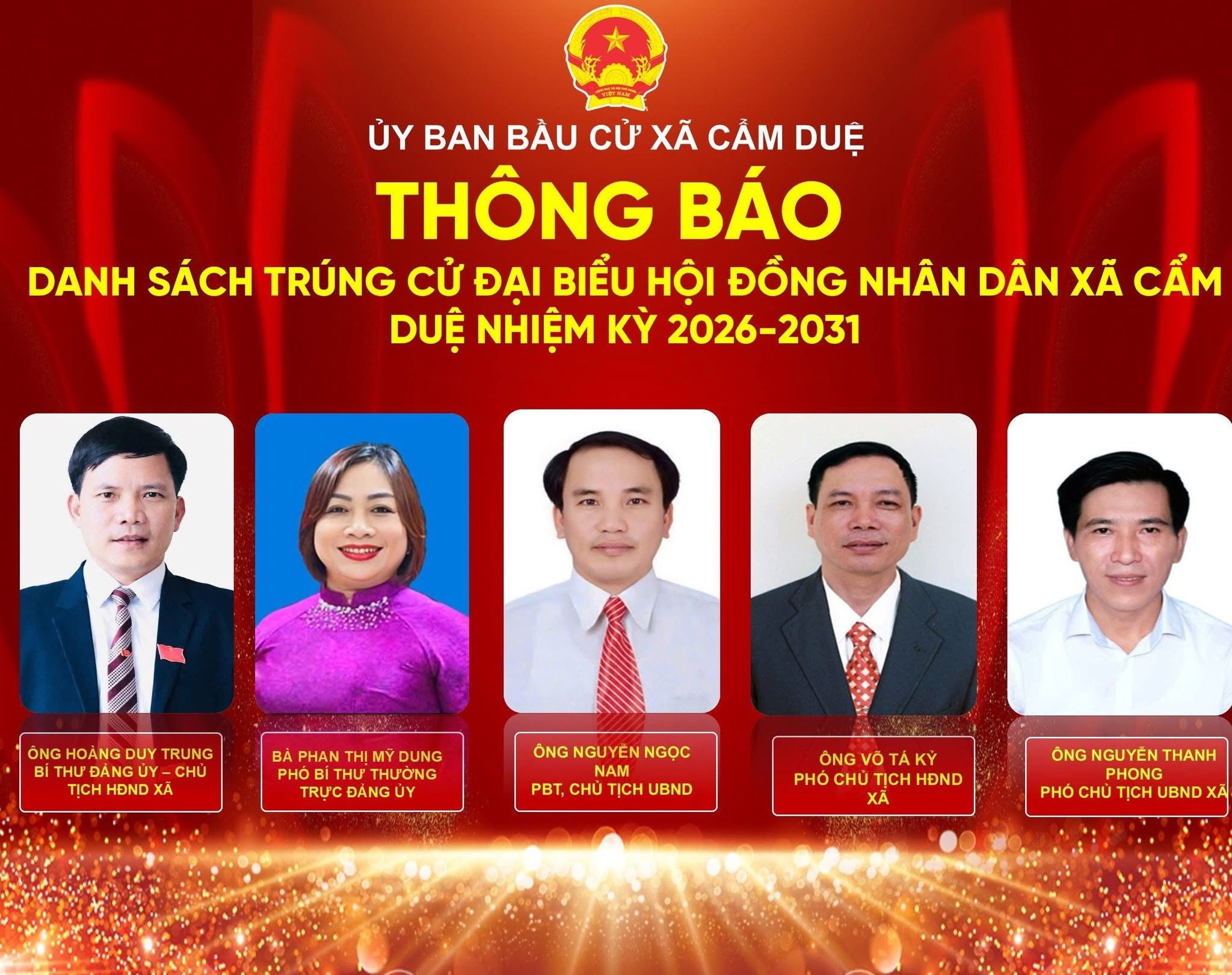 CÔNG BỐ DANH SÁCH ĐẠI BIỂU TRÚNG CỬ HĐND XÃ CẨM DUỆ NHIỆM KỲ 2026 - 2031 