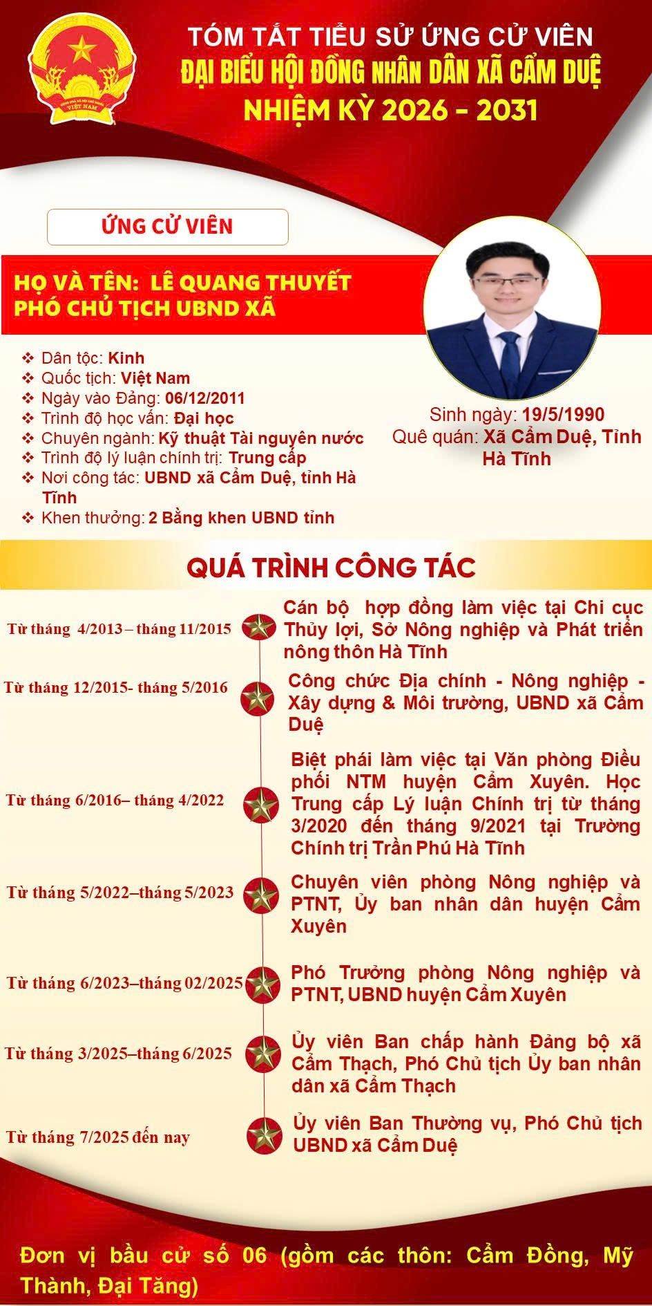 TIỂU SỬ TÓM TẮT ĐỒNG CHÍ LÊ QUANG THUYẾT - PHÓ CHỦ TỊCH UBND XÃ, NGƯỜI ỨNG CỬ ĐẠI BIỂU HĐND XÃ NHIỆM KỲ 2026 – 2031