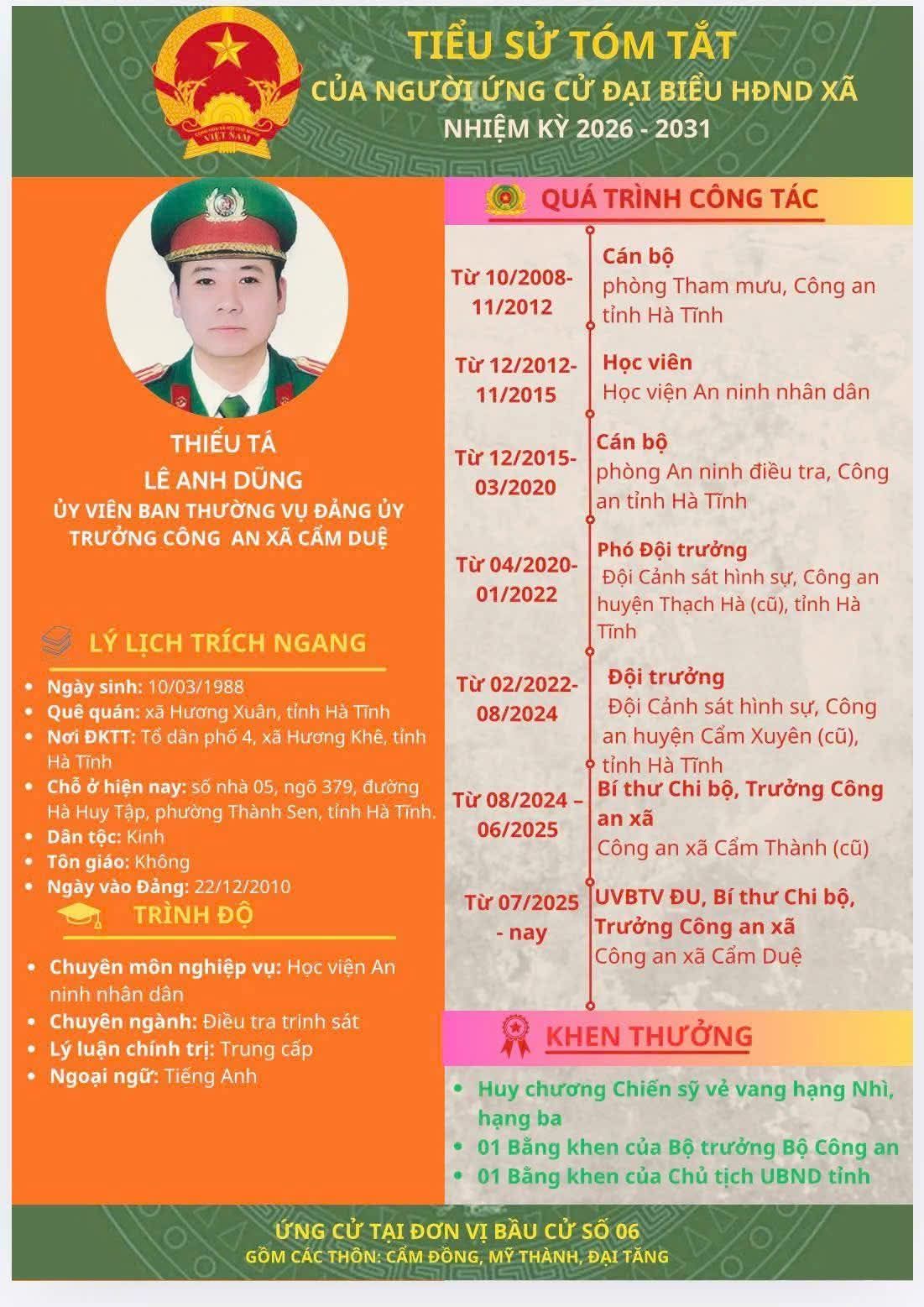 TIỂU SỬ TÓM TẮT ĐỒNG CHÍ LÊ ANH DŨNG - UVBTV, TRƯỞNG CÔNG AN XÃ, NGƯỜI ỨNG CỬ ĐẠI BIỂU HĐND XÃ NHIỆM KỲ 2026 – 2031