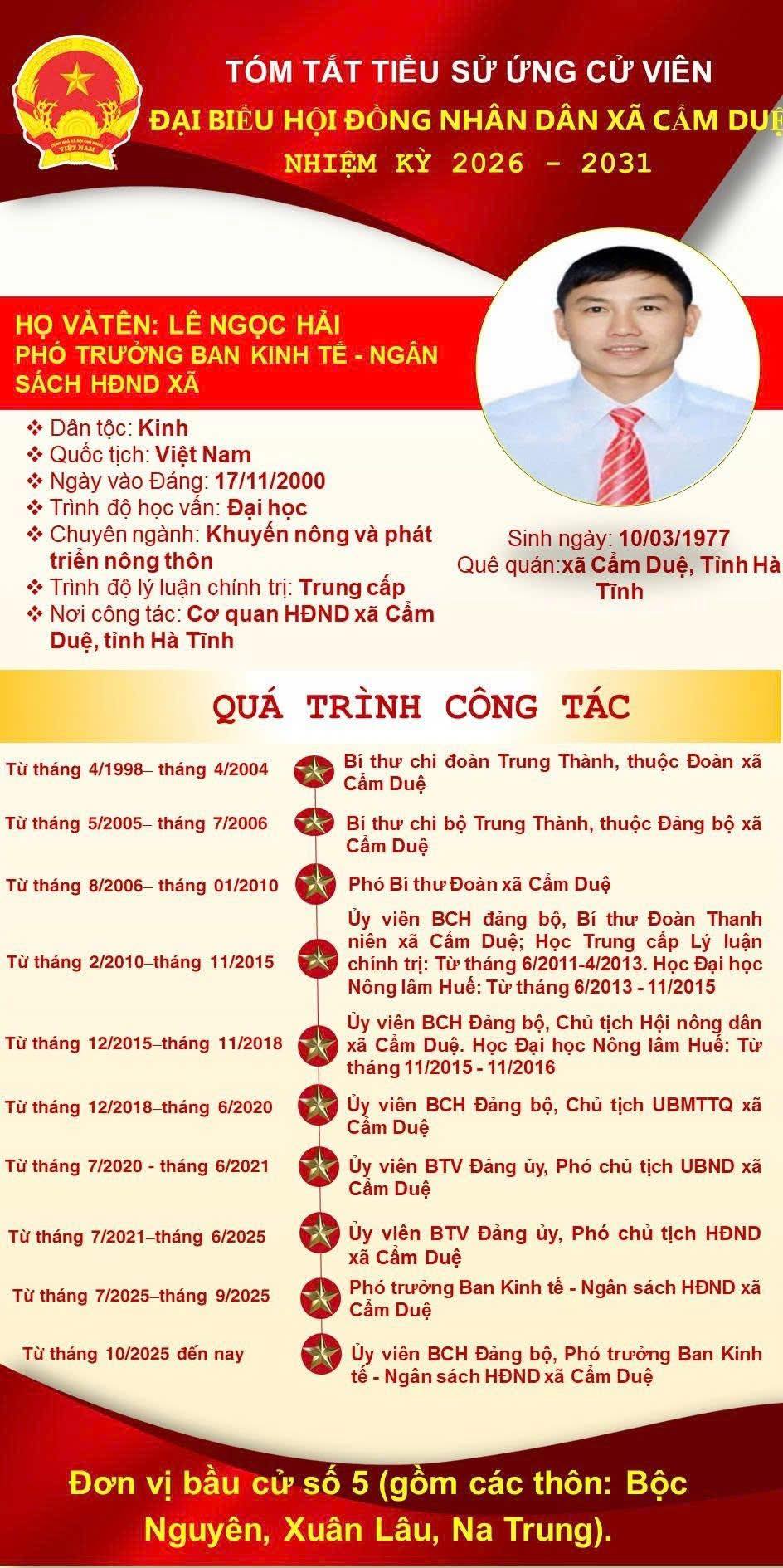 TIỂU SỬ TÓM TẮT ĐỒNG CHÍ LÊ NGỌC HẢI - PHÓ TRƯỞNG BAN KINH TẾ NGÂN SÁCH HĐND XÃ, NGƯỜI ỨNG CỬ ĐẠI BIỂU HĐND XÃ NHIỆM KỲ 2026 – 2031