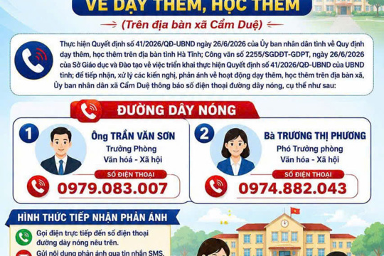 Thông báo đường dây nóng tiếp nhận thông tin kiến nghị, phản ánh về dạy thêm, học thêm trên địa bàn xã Cẩm Duệ