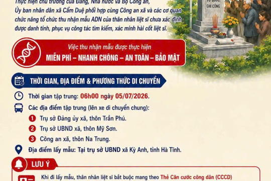 Thông báo tổ chức thu nhận mẫu sinh phẩm ADN thân nhân liệt sĩ chưa xác định thông tin trên địa bàn xã Cẩm Duệ