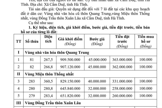 Thông báo đấu giá quyền sử dụng đất lần 2 đối với 07 lô đất tại các khu quy hoạch đất ở dân cư: Vùng nhà văn hóa cũ thôn Quang Trung, vùng Miệu thôn Thống Nhất, vùng Đồng Trầu thôn Xuân Lâu xã Cẩm Duệ, tỉnh Hà Tĩnh